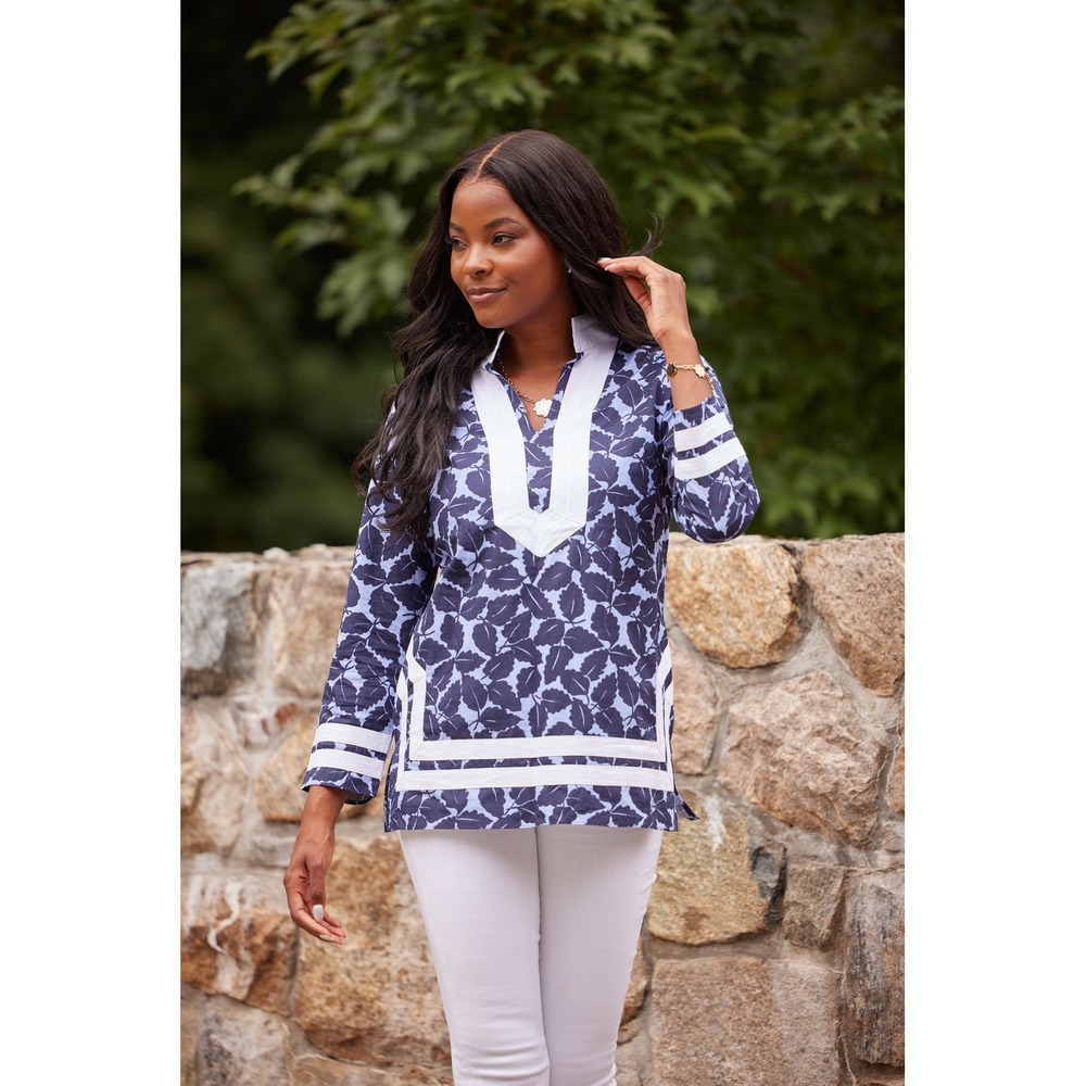Sail to Sable STS Preppy Blue Autumn Leaf Cotton Tunic Top Size S White Trim